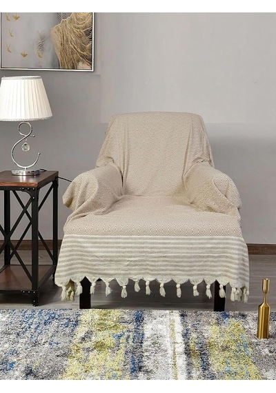 Buldan İşi Kolları Örten Pamuklu Tekli Koltuk Berjer Örtüsü 180x150 Cm Pamuk Dokuma Vizon Diğer