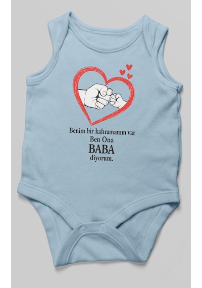 Benim Bir Kahramanım Varc Ben Ona Baba Diyorum Baskılı Bebek Zıbını Çıtçıtlı Body Sıfır Kol Bebe Mavisi