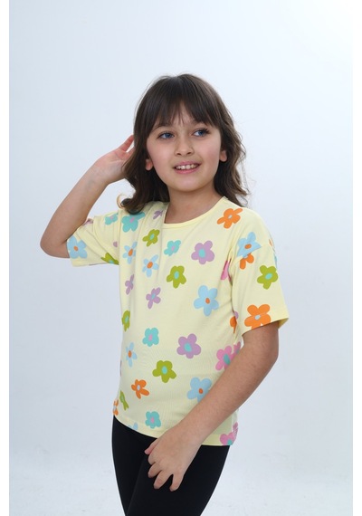 Toontoy Kids Toontoy Kız Çocuk Bisiklet Yaka Kısa Kollu Baskılı Tişört 24980 Açık Sarı