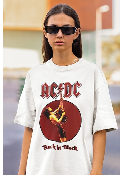 Ac Dc Back In Black Baskılı Unisex Oversize Rock Metal Tişört Beyaz