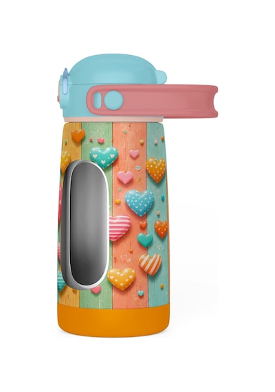 Puccon 420 Ml Kız Çocuklar İçin Paslanmaz Çelik Okul Matarası - 60014 - Kalp Desenli - Pastel Renkli Turkuaz - Pembe