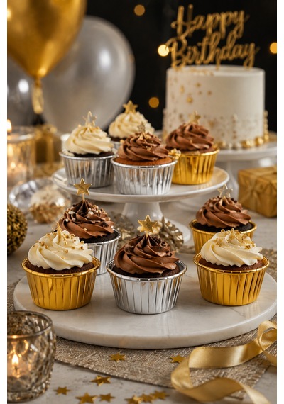 Cupcake Kapsülü 24'lü 12 Gold 12 Gümüş Varaklı Asetat Kutulu Kek Muffin Pişirme Ve Sunum Kapsülü Diğer