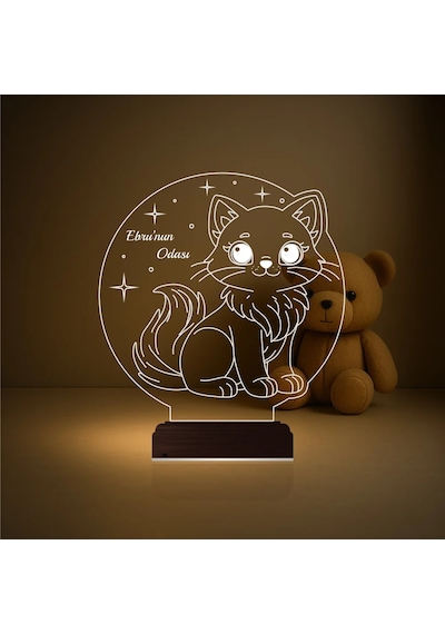 Luvivia Çocuk Odası Hediye Kedi Kedicik Tasarım Kişiye Özel 3d Lamba - Masa Gece Lambası Şeffaf
