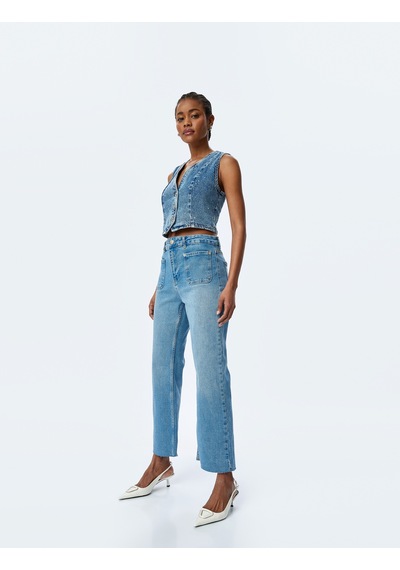Koton İspanyol Paça Düğmeli Normal Bel Denim Pantolon - Flare Jeans Orta İndigo 5sal40132md Indigo