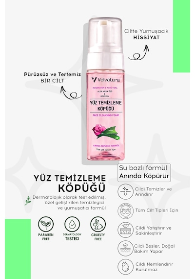 Velvatura Aloe Vera & Gül Suyu Özlü Yüz Temizleme Köpüğü 200 ML