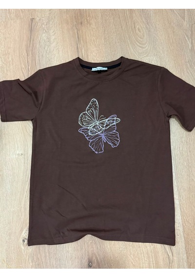 Yubisititch Tshirt Nakış İşlemeli 2li Kelebek- Penye -kahverengi