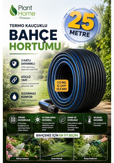 Termo Kauçuklu Bahçe Hortumu 25 Metre 3 Katlı Dayanıklı Su Sulama Ve Araç Yıkama Hortumu Diğer