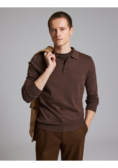 Pierre Cardin Kahverengi Slim Fit Düğmeli Polo Yaka Basic Triko Kazak 50333894-vr029