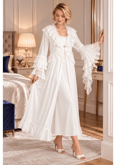 Mecit Pijama Mecit 6411 Ekru Dantel Detaylı Kadın Sabahlık Gecelik Takım