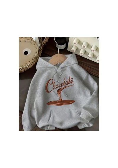 Herkesemoda Chocolate Baskı Detaylı Kapüşonlu Sweatshırt Gri