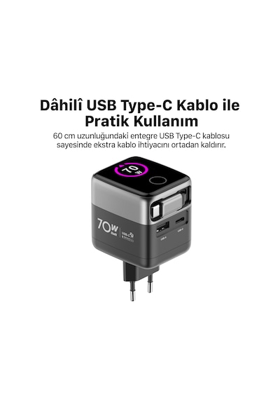 Xenon Smart Hızlı Şarj Adaptörü 70w, Gan, Usb-c & Usb-a, Dahili Type-c Kablo, Pd Pps, Dijital Ekran X6413