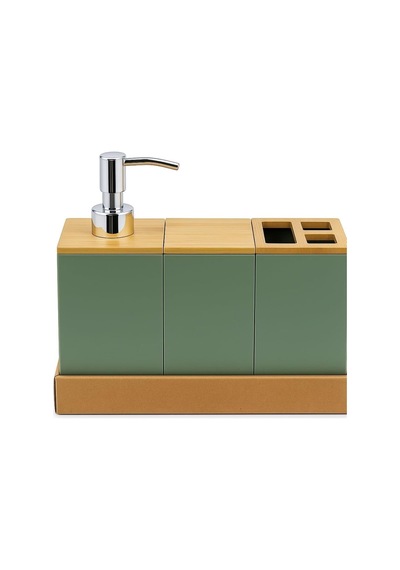 Bambu Kapaklı Yeşil Banyo Seti Sıvı Sabunluk, Diş Fırçalık, Çok Gözlü Organizer Ve Düzenleyici 000 Açık Krem