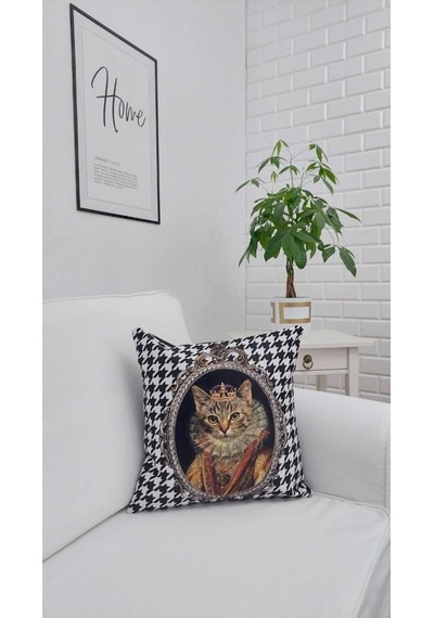 Kraliçe Kedi Kaz Ayağı Desen Kırlent Kılıfı Renkli