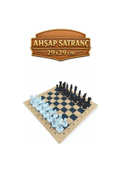 Ahşap Satranç - 29x29x3cm - Taşlar Plastik Büyük Boydur - Zemin Doğal Ahşaptır.