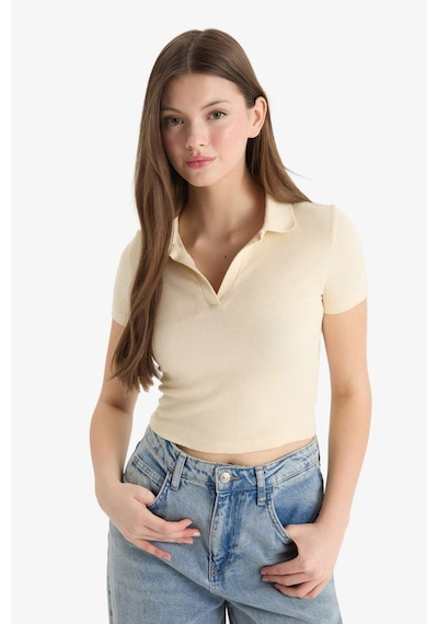 Defacto Fitted Polo Yaka Fitilli Kaşkorse Kısa Kollu Tişört A0379ax25smer144 Ekru