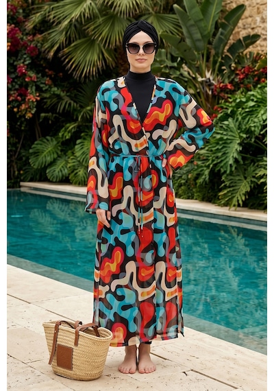 Haliç Mayo Tesettür Mayo Üzerine Tek Kaftan Pareo 6303 Siyah