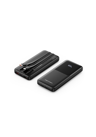 Vention 10000mah 22.5w Powerbank Micro-usb + Usb-c + 2xusb-a Dahili Usb-c Ve Lightning Kablolu Led Ekranlı Siyah