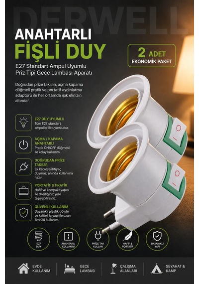 2 Adet Anahtarlı Fişli Duy E27 Standart Ampul Uyumlu Priz Tipi Gece Lambası Aparatı Doğrudan Priza Takılan Açma Kapama Düğmeli Portatif Pratik Duvar Aydınlatma Adaptörü, Beyaz Renk Ekonomik Plastik