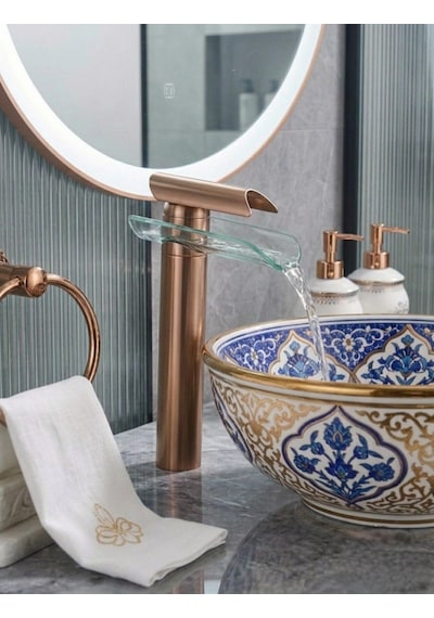 Cam Şelale Rose Gold Çanak Lavabo Bataryası