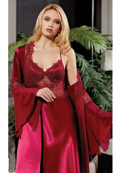 Jeremi 450 İpek Saten Dantelli Uzun Altılı Set - Bordo Bordo