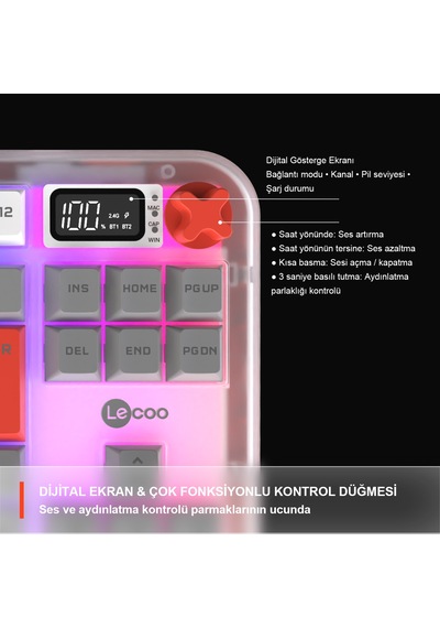 Lecoo Gk302 Üç Modlu Rgb Kablosuz 85 Tuşlu Türkçe Q Membran Oyuncu Klavyesi Beyaz Gri