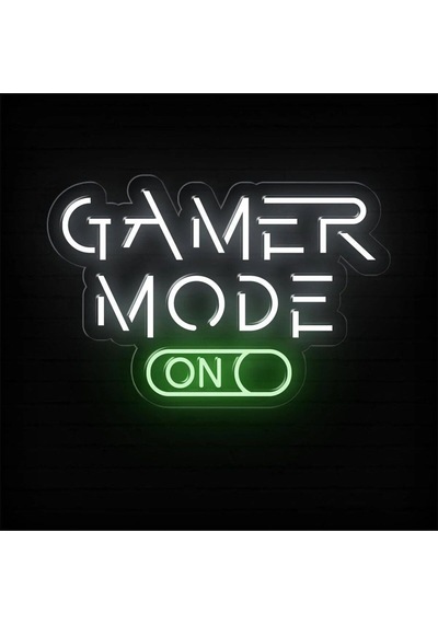 Gamer Mode On Yazılı Ve Şekilli Neon Tabela Beyaz