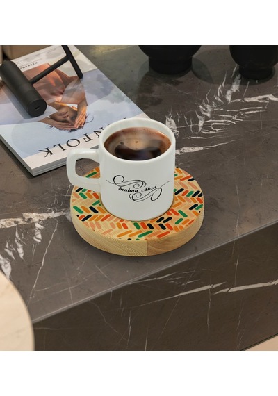 Kişiye Özel Modern Art Tasarımlı Doğal Ahşap Tabaklı Türk Kahvesi Fincanı Model 2