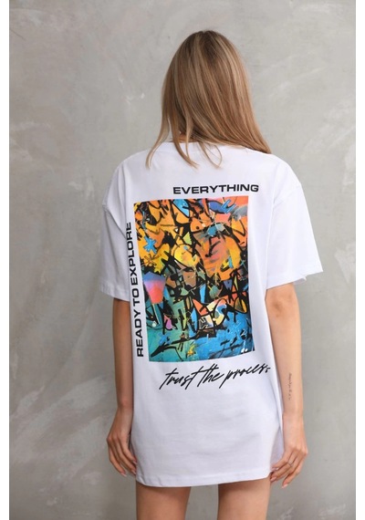 Primemagazam Kadın Bisiklet Yaka Baskılı Oversize T-shirt - Beyaz Çeşitli