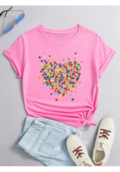 Renkli Kalpler T-shirt - Pembe Baskılı Oversize Bisiklet Yaka Kısa Kol Tişört Pembe