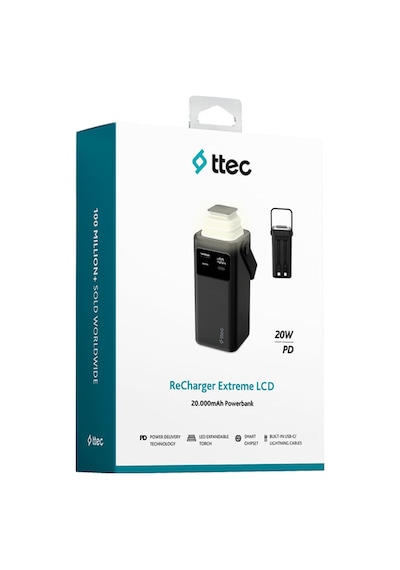 Ttec 2BB238S Recharger Extreme LCD 20.000 mAh PD 20W USB-C Ve Lightning Dahili Kablolu Led Fenerli Powerbank