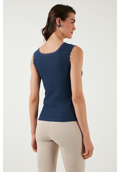 Lela Slim Fit Kalın Dantelli Kare Yaka Bürümcük 2'Li Paket Bayan Atlet 5864979S2 Indigo-Vişne