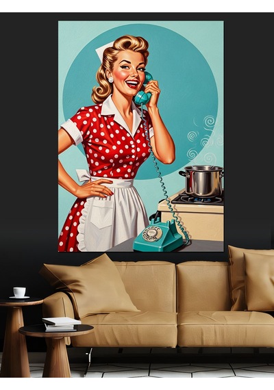 Telefonda Konuşan Retro Kadın Dekoratif Kanvas - Mdf Ahşap Tablo