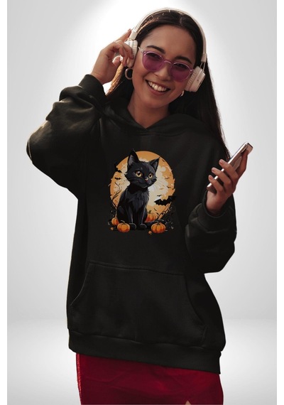 Cadılar Bayramı Kedi Kadın Erkek Siyah Kapüşonlu Sweatshirt Hoodie Siyah