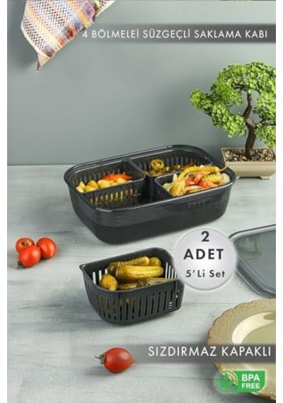 Adet 4 Bölmeli Süzgeçli Sızdırmaz Saklama Kabı- Zeytinlik Turşuluk Organizer 3 2 Litre Diğer