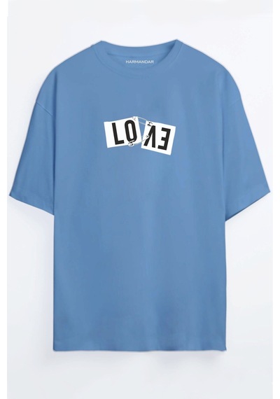 Unisex Love Aşk Siyah Oversize T-shirt Mavi