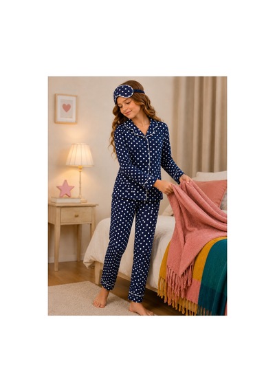 Free Beka Lacivert Puantiye Desenli Uzun Kollu Önden Düğmeli Gömlek Yaka Kız Çocuk Pijama Takımı Ve Göz Bandı