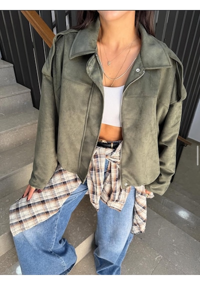 Prifaldi Premium Oversize Süet Bomber Ceket Haki