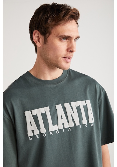 Grimelange ATLANTA Erkek %100 Pamuklu Kısa Kollu Baskı Detaylı Yeşil T-Shirt