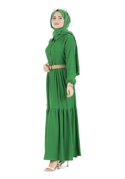 Sevitli Hasır Kemerli Elbise-benetton Yeşili-1294-benetton Yeşil