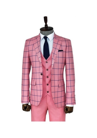 Wessi Ekose Ceketli Slim Fit Pembe Erkek Kombinli Takım Elbise Pembe