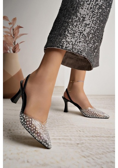 Nesilshoes Nesil Shoes Uraz 451 Siyah İncili Lastikli Kadın Sandalet