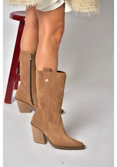 Fox Shoes Z654940161 Vizon Hakiki Deri Süet Kalın Topuklu Western Kadın Çizme