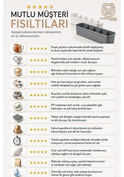 5 Bölmeli Mutfak Organizer Kutusu Gri Beyaz 2li Set Tezgah Üstü Baharatlık Poşet Çay Kahve Kapsülü Düzenleyici Diğer