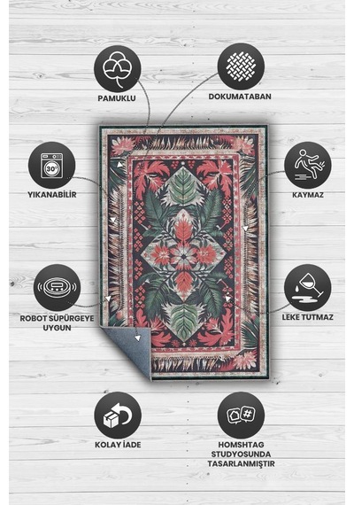 Homshtag Art Deco Soyut Bitki Temalı Halı Dijital Baskı Yeşil Kahve Renkli Rustik Çiçekli Halı Çok Renkli