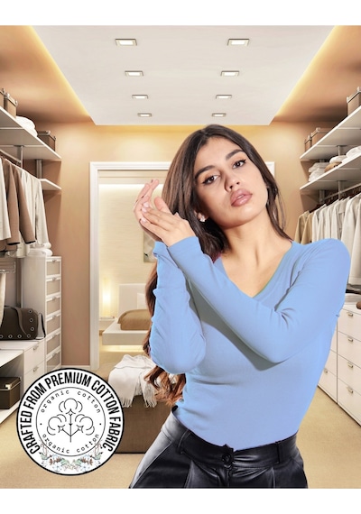 Alya Underwear Pamuklu Kaşkorse V Yaka Body Sweatshirt, Fitilli Kumaş Likralı Bluz, Asker Yeşili Badi Açık Mavi