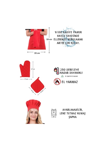 Star Ayar Askılı 5li Mutfak Önlüğü Seti Ayar Askılı Havlulu Önlük, Şapka, Eldiven, Tutacak Kırmızı-kırmızı-kırmızı