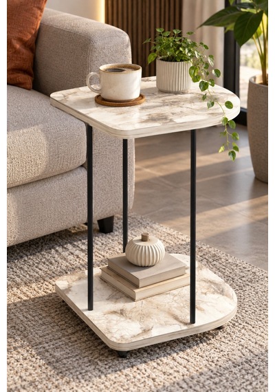 Sulorahome Tekerlekli Oval Servis Sehpası Mermer Desenli Beyaz