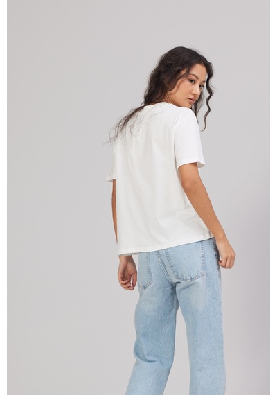 Nisan Nar Baskılı Pamuklu Bisiklet Yaka T-shirt Ekru