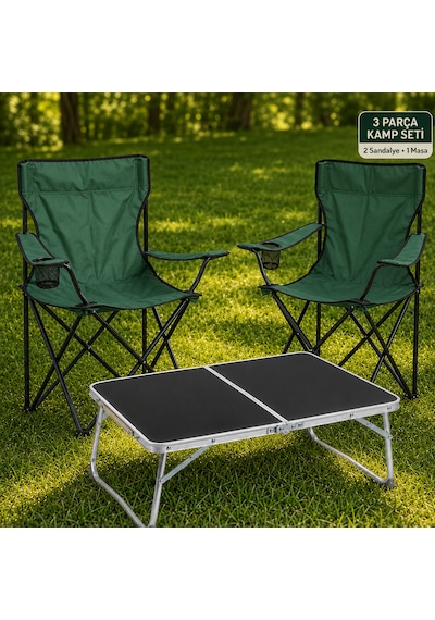 2 Sandalyeli Katlanır Kamp Seti 60x40 Cm Masa Ve Sandalye Yeşil