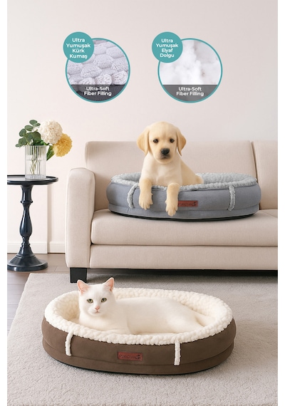 Kürk Peluş Ortopedik Kedi Köpek Evcil Hayvan Yatağı Patichill Yıkanabilir Simba Krem